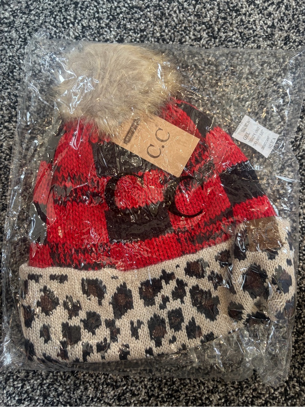 C.C Red & Black Buffalo Plaid Beanie with Leopard Cuff and Faux Fur Pom